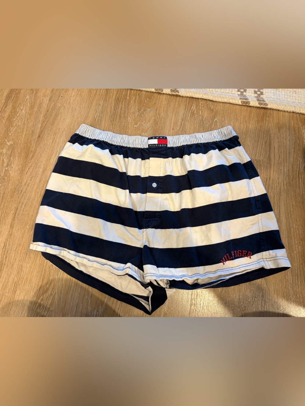 Vintage Y2K Tommy Hilfiger Navy and White Striped Cotton Boxers